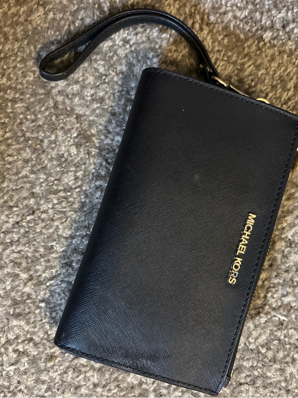 Michael Kors Black Leather Wristlet with Gold Logo